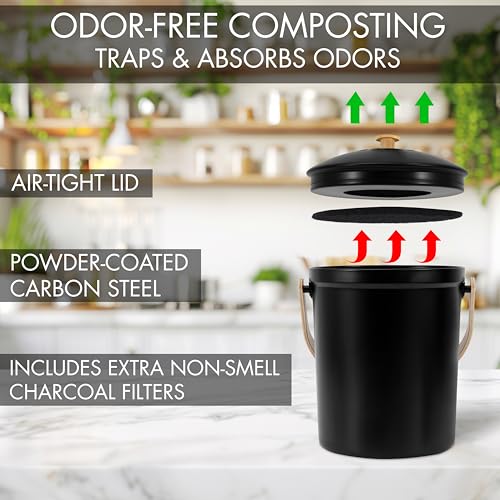 Beautiful Kitchen Compost Bin with Smell Proof Lid for Your Countertop - color: Black