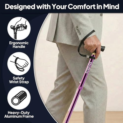Walking Cane with LED Light, Foldable,Adjustable, Self Standing Walking Canes for Men & Women,Walking Sticks with Quad Base for Seniors & Adults - color: Purple