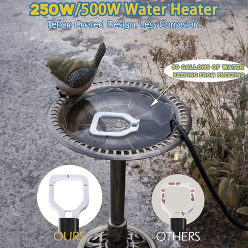 Varesee 500W Chicken Water Deicer, 50Gal for Plastic Waterer, Liverstock Water Heater, Cast Aluminum Submersible De-icer, Bird Bath Deicer with Built-in Thermostat Control