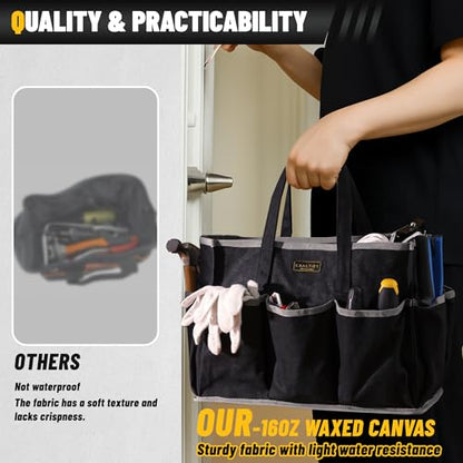 Canvas Tool Tote Bag, Heavy Duty 16oz Waxed Canvas Tool Storage Pouch with 1 Large Compartment & 10 Small Pockets | Multi-Purpose Garden Tool Bag for Horticulturists Mechanics Craftsmen – Black - color: Black