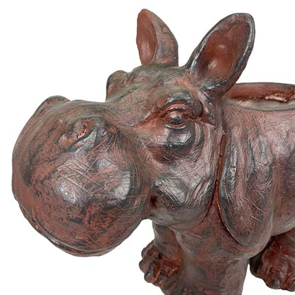 Zeckos Hippo Animal Planter, 17 Inch Wide Brown Textured Finish | Magnesium Oxide, 12.5 Inch Tall, Indoor or Outdoor Display, Drain Holes, 4 X 7.5 Inch Opening, 7.5 Inch Deep - color: Hippo - Brown