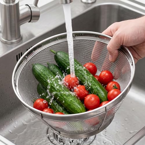 Rice Strainer Fine Mesh, Stainless Steel Colander Fine Mesh Strainer for Pasta, Rice, Fruit, Metal Net Baskets for Strain, Drain, Rinse or Steam