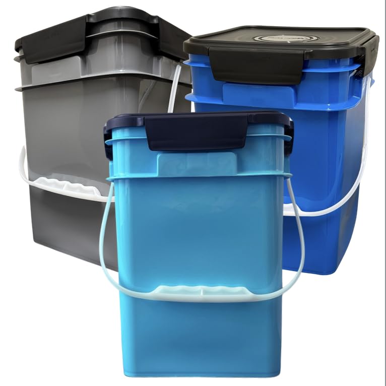 House Naturals 4 Gallon Square Food Grade Bucket Pail with Plastic Handles and Lid (Pack of 3) Made in USA containers (Aqua/Blue/Gray) - color: Aqua/Blue/Gray