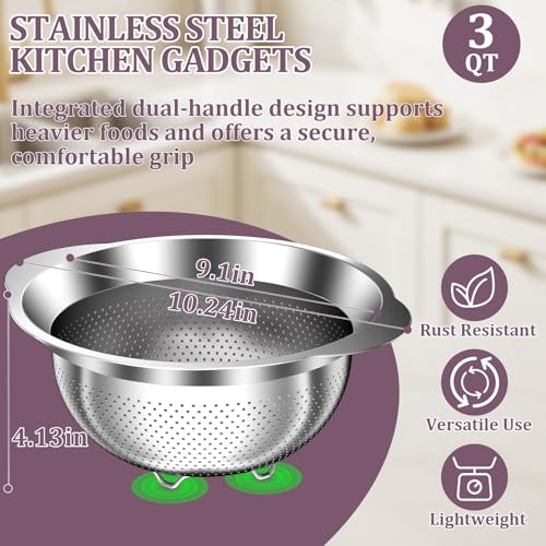 Stainless Steel Colander - 3QT Medium Capacity Strainer with Handle, Kitchen Food Strainer Basket for Washing Vegetables, Fruits, Rice, and Pasta, Kitchen Present for Women - color: Silver