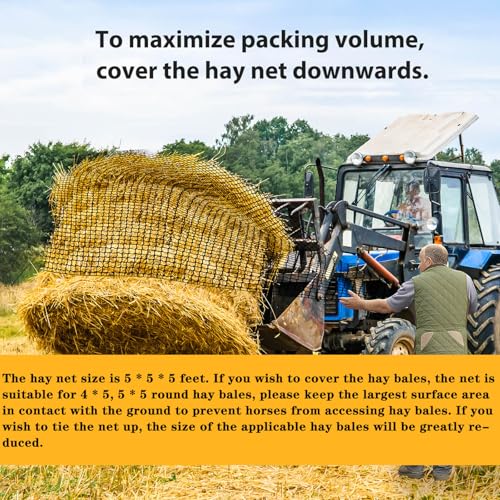 Round Bale Hay Net for Horses-5x5ft Size, Nylon Net with 1.75 Inch Holes