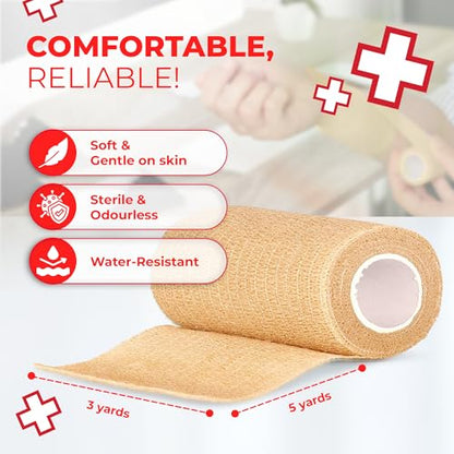 Ever Ready First Aid Self Adherent Cohesive Bandages 3" x 5 Yards - 12 Count, Tan