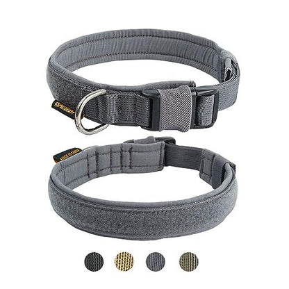 EXCELLENT ELITE SPANKER Tactical Nylon Padded Medium Dog Collar Adjustable | Heavy Duty Military Pet Collar Soft & Lightweight Quick-Release Buckle No-Choke for Medium and Large Breeds with Patches - color: Grey, size: M-(15.4"-19.3")