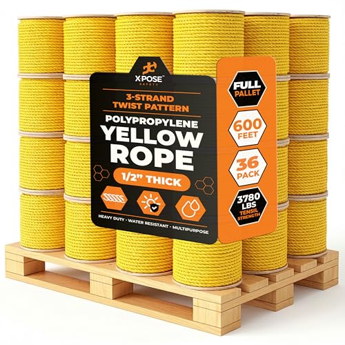 Yellow Twisted Polypropylene Rope, 1/2" Thickness x 600' Length Heavy Duty Poly Ropes for Outdoor and Marine Use, Yellow Rope for Visibility & Safety - 36 Packs - size: 1/2" X 600'