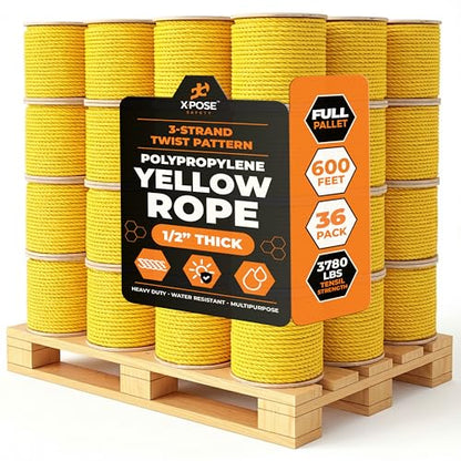 Yellow Twisted Polypropylene Rope, 1/2" Thickness x 600' Length Heavy Duty Poly Ropes for Outdoor and Marine Use, Yellow Rope for Visibility & Safety - 36 Packs - size: 1/2" X 600'
