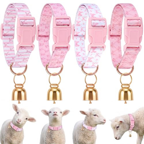 4 Pack Goat Collars with Bells Set, Adjustable Pink Bow Pattern Nylon Sheep Collar, Loud Metal Grazing Bell, Quick Release Buckle for Lambs, Small Farm Animals, Herd ID, Pasture Tracking - style: Pink Bow