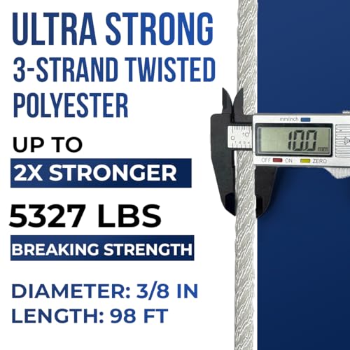 5327lbs Heavy Duty PP/Polyester/Nylon Rope, White, 3/8inX98FT | Weather-Resistant & Waterproof Rope for Pool, Camping, Construction & Rigging Applications - color: White, size: 3/8in X 98FT