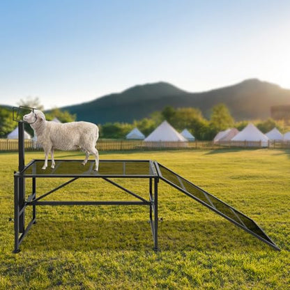 Goat Milking Stand with Ramp, 47x23 inch Metal Livestock Trimming Stand with Headpiece 20" to 31" Adjustable Height Livestock Stands for Sheep Goats Lambs 500lbs Capacity