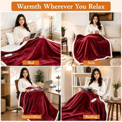 Electric Heated Blanket 72"×84" Full Size, Sherpa & Snuggly for Living Room, Sofa, Study, 4 Heat Settings & 10H Auto-Off, Energy Efficient, Machine Washable, Bright Red - color: 08-red, size: Full Size ( 72"x84" )