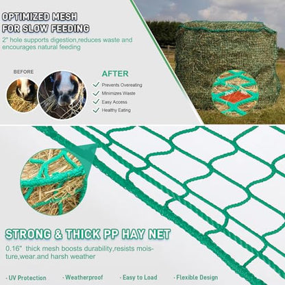 6x6 ft Square Bale Hay Net - Large Slow Feeder for Horses & Livestock, Knotless Design Slow Feeder Hay Nets, Fits 4x4ft 5x5ft 6x6ft Round & 3x3x8ft 4x4x8ft 5x5x8ft Square Bales (Green-Square) - color: Green-Square