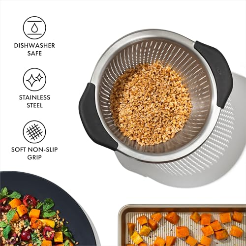 OXO Good Grips Strainer - 3 Qt Capacity, Stainless Steel | Colander, Nesting Design For Easy Storage, Non-Slip Handles, Drains Pasta And Vegetables, Dishwasher Safe - size: 3 Qt