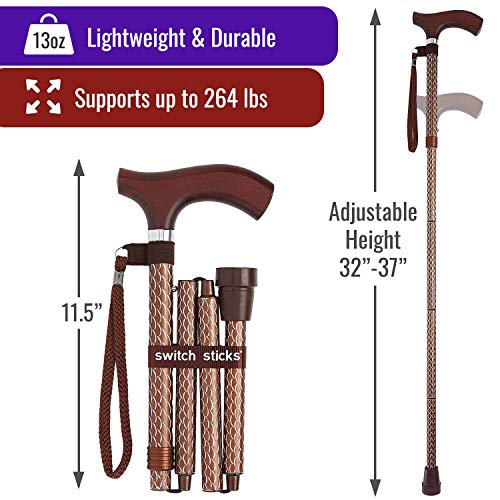 Switch Sticks Folding Walking Cane For Women & Men - color: Engraved Cognac