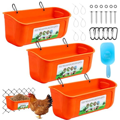 3 Pack Chicken Feeder, Duck Feeder Supplies, Hanging Fence Feed Trough with Clips for Goat, Sheeple, Piglet, Gooses, Turkeys, Dog Livestock Poultry, 8 Quarts in Total, Feed Scoop Included, Orange - color: Orange 3pcs