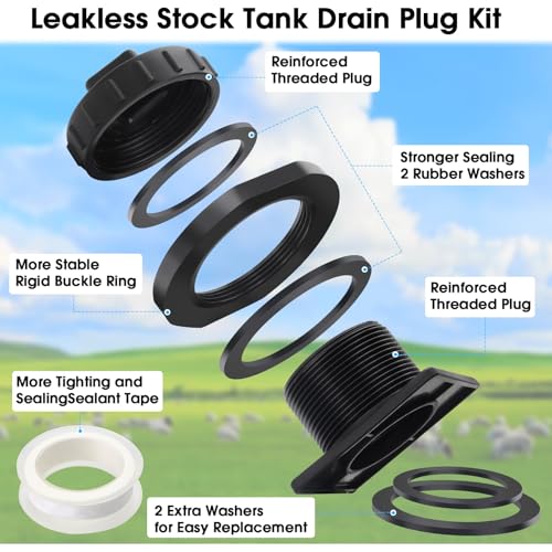 Stock Tank Drain Plug Kit Compatible with Rubbermaid Water Trough Stock Tank 100 50 70 150 300 Gallon,Water Trough Drain Plug for Rubbermaid FG424288BLA/FG424400BLA/FG424500BLA/FG424700BLA