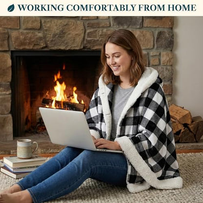 PAVILIA Hooded Blanket Poncho Fleece Wearable Shawl Wrap Throw, Plaid White | Fleece Shawl Wrap with Hood, Adult Wearable Blanket, Cozy Warm Poncho Cape Throw with Pockets, Gift for Elderly Mom - color: Checker White