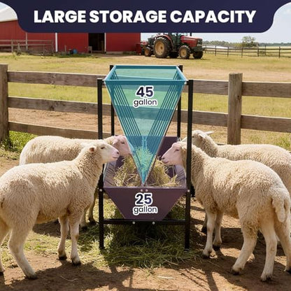 2-in-1 Goat and Sheep Hay Feeder 45 Gallon, Heavy Duty Galvanized Steel Pasture Feeder with 25 Gallon Grain Pan - Large Capacity, Double Row Screws, Rust Prevention for Calf, Pig