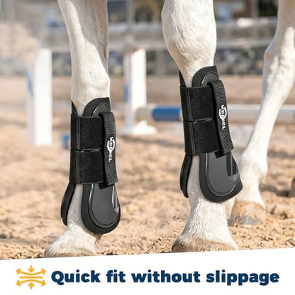 Horse Boots Set of 4, Open Front Tendon Boots & Hind Fetlock Boots, Shock-Absorbing Horse Leg Protection for Jumping, Riding and Competition (Black, Full Size)