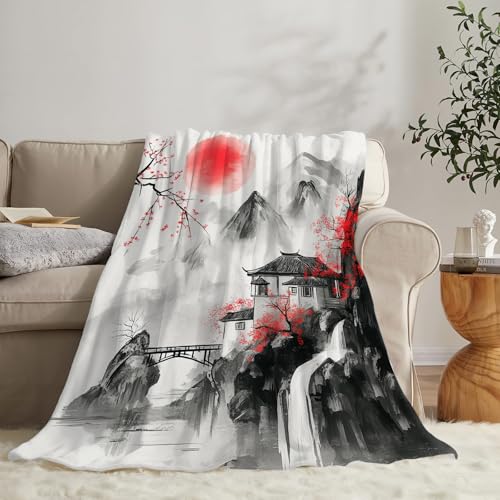 Japanese Throw Blanket Splash Red Cherry Blossom Gifts for Girls Women Men Boys Plush Cozy Flannel Fleece Fuzzy Landscape Blankets 60"X50" - color: Black Red, size: 60"x50"