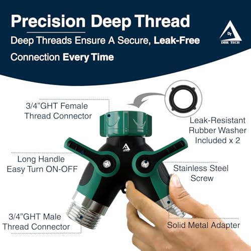 DBR Tech® Hose Splitter 2 Way, Heavy Duty Metal Connector, Two Way Garden Hose Splitter, High Flow Spigot Faucet Bib Adapter, Solid Double Y Shut Off Valve for Outdoor Gardening Hoses, Green - color: Green