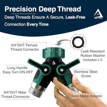 DBR Tech® Hose Splitter 2 Way, Heavy Duty Metal Connector, Two Way Garden Hose Splitter, High Flow Spigot Faucet Bib Adapter, Solid Double Y Shut Off Valve for Outdoor Gardening Hoses, Green - color: Green