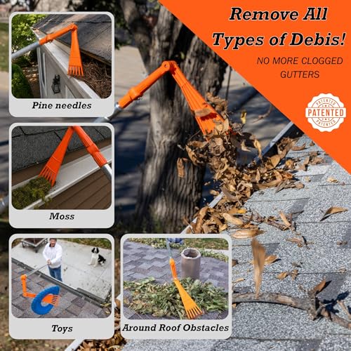 EZ Smart Mini Gutter Rake - 5 ft Pole - Clean Gutters Without a Ladder | Clears Stuck Leaves • Reaches Tough Spots • No Ladder Needed - size: Tool + 5 Foot Pole