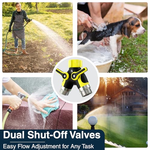 DBR Tech® Hose Splitter 2 Way, Heavy Duty Metal Connector, Two Way Garden Hose Splitter, High Flow Spigot Faucet Bib Adapter, Solid Double Y Shut Off Valve for Outdoor Gardening Hoses, Yellow - color: Yellow