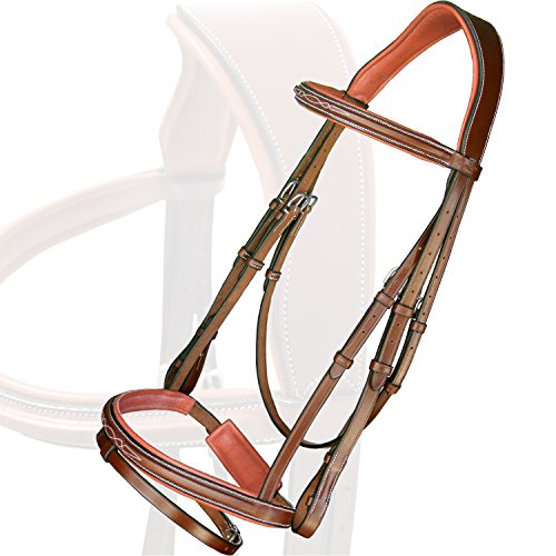 Exion Horse Snaffle Jumping Bridle with Removable Flash & Rubber Reins | Anatomical MonoCrown, Padded Noseband, Fancy Stitched Browband | English Bridle - color: Conker (Tan Brown), size: Cob (Medium Size)