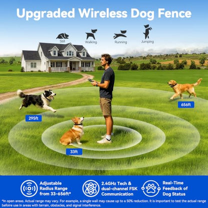 Wireless Dog Fence - Portable Electric Dog Fence with Remote Training, Waterproof Perimeter Dog Collar Containment System, Adjustable 33–656FT for Yard, Camping & RV Travel (1 Collar)