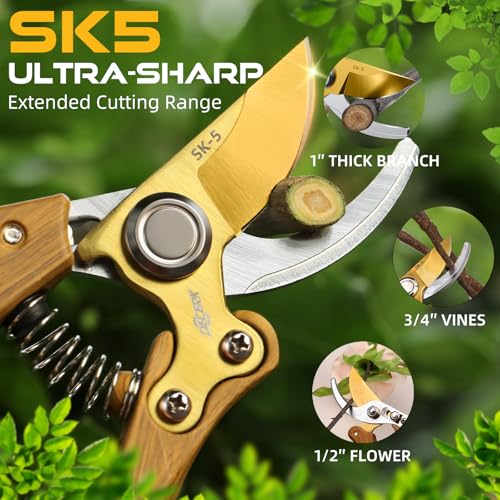 DECERK® 8.5" Premium Bypass Pruning Shears – Wood Grain Finish with Gold Titanium Blade, Japanese SK5 Steel, Balanced Ergonomic Handle for Precise Garden Trimming, Timeless Gardening Companion - style: Premium Woodgrain Clipper