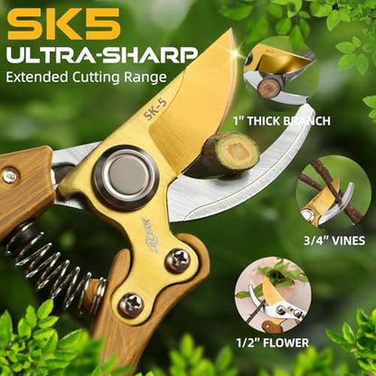 DECERK® 8.5" Premium Bypass Pruning Shears – Wood Grain Finish with Gold Titanium Blade, Japanese SK5 Steel, Balanced Ergonomic Handle for Precise Garden Trimming, Timeless Gardening Companion - style: Premium Woodgrain Clipper