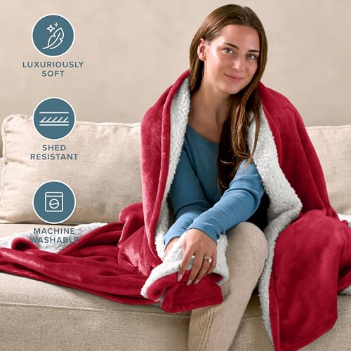 Bare Home Sherpa Fleece Blanket (Throw, Red) - color: 20 - Red, size: Throw/Travel