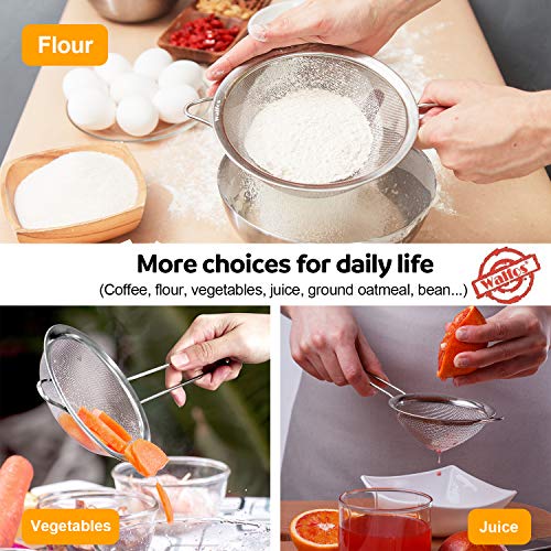 Walfos 6.95 Inch Fine Mesh Strainers, Premium Stainless Steel Colanders and Sifters, with Reinforced Frame and Sturdy Handle, Perfect for Sift, Strain, Drain and Rinse Vegetables, Pastas and Tea - style: 6.95" Medium Strainer