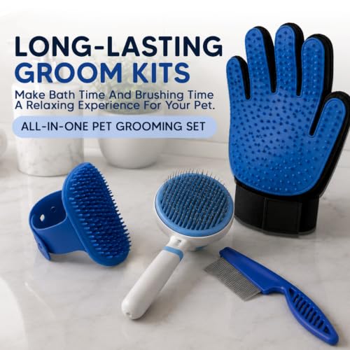 NVNAN 5-Piece Dog Grooming Brush Set with Grooming Gloves | Includes deshedding comb, shampoo brush, and pet hair removal tools for shedding, bathing, and brushing - color: Blue-4