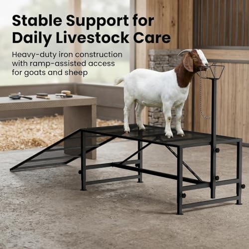 47"L Heavy Duty Goat Milking Stand with Detachable Ramp, 500lbs Capacity Sheep Trimming Station, Professional Livestock Grooming Platform with 4-Level Adjustable Headlock for Hoof Care