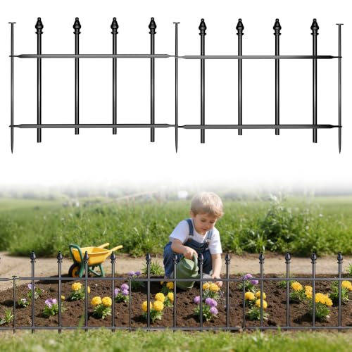 Decorative Metal Garden Fence，(5 Panels+ 6 Posts),Total Iength 7 ft(W) x 11 in(H), Small Metal Border Fence, Classic Roman Column Decoration, Garden and Lawn Landscape Fence, Black Animal Fence - size: 5 Panels-5 ft(W) x 12 in(H)