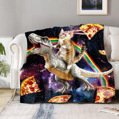 Aimego Funny Cat Blanket Gifts for Men Women Kids Cool Cat Riding Dinosaur on Fantasy Galaxy Cozy Travel Bed Couch Plush Boys Girls Birthday Christmas Lightweight Blanket 60"x80" - color: Funny Cat, size: 60"x80"