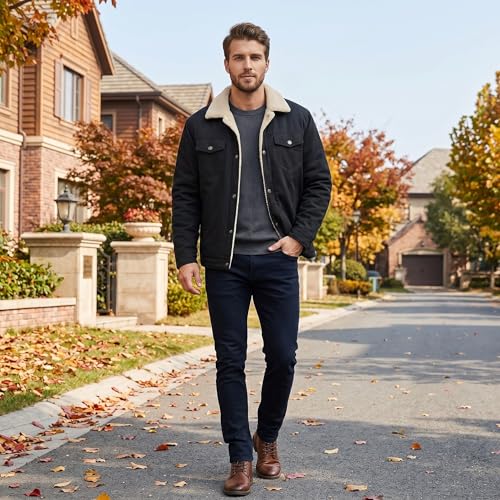HOW'ON Men's Casual Sherpa Fleece Lined Jacket Warm Coat With Fur Collar - color: Black, size: Medium