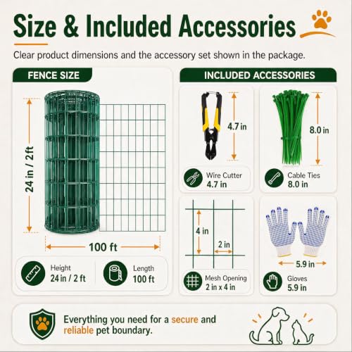 Green PVC Coated Welded Wire Fence 24 in x 100 ft, 16 Gauge 2 x 4 Inch Mesh Roll, Garden Fencing for Chicken Coop, Poultry, Yard, Pet and Plant Protection - size: 2"x4" 16GA 24"x100'-Green