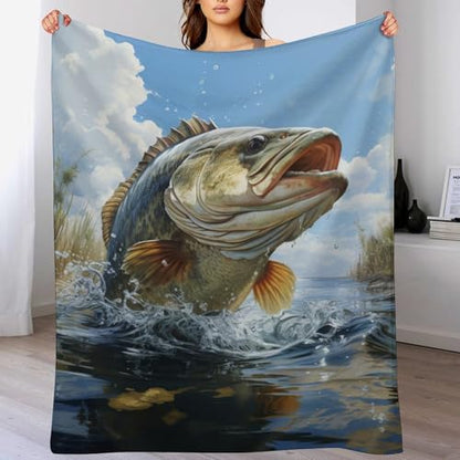 Bass Fish Fleece Throw Blanket for Couch Adults Teens 40" X 50" - color: Bass Fish, size: 40x50 inch