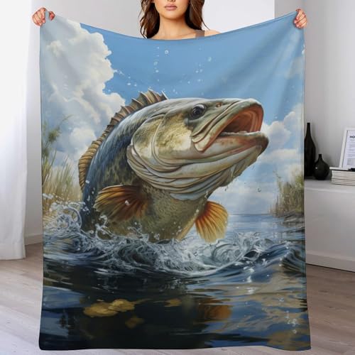 Bass Fish Fleece Throw Blanket for Couch Adults Teens 40" X 50" - color: Bass Fish, size: 40x50 inch