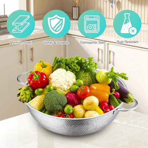 3-Piece Stainless Steel Colander Set with Handles - 5Qt/3Qt/1Qt Nesting Strainers for Pasta, Veggies, Fruit Drainage, Durable Micro-Hole Mesh for Fast Water Flow - size: 1QT+3QT+5QT