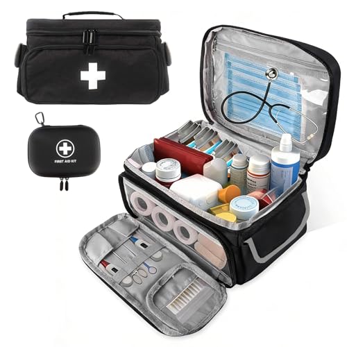 First Aid Bag Empty Large 11.5x7.7x7 inch, with Hanging Bag, Empty First Aid Kit for Pet, Home, Car, Travel, Camping, Emergency Supplies Storage (Black)