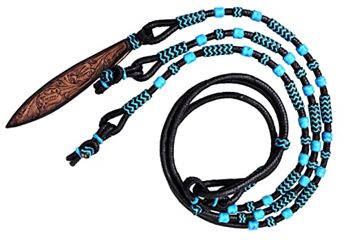 Black Rope with Turquoise Knots Raw Hide Leather Horse Tack Hand-Braided Romal Romel Reins Hand Carved Leather Popper Ranch Rope/RopeReins-8.5 Ft, 52' Romel
