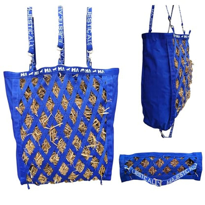 Majestic Ally Double Side Open Slow Feeder Hay Bag - Diamond Shaped Obliquely Placed Webbing (Royal Blue) - color: Royal Blue