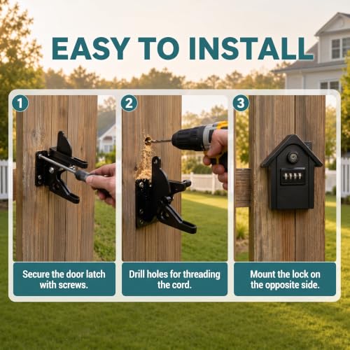 Keyless Heavy Duty Gate Latch, Two-Way Passage Steel Lock Fits Wood Fence & PVC Gate, All Weather Outdoor Rustproof Security Latch