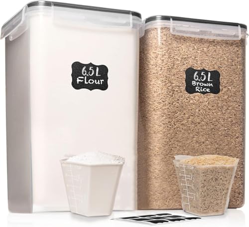 WHITE FEATHER SUPPLIES 2 PC [7 Qt / 6.5L / 220 Oz] Large Food Storage Containers with Lids Airtight - BPA Free Clear Plastic Kitchen and Pantry Storage Containers for Cereal, Flour, Sugar, Rice - color: Black - 2 Pack